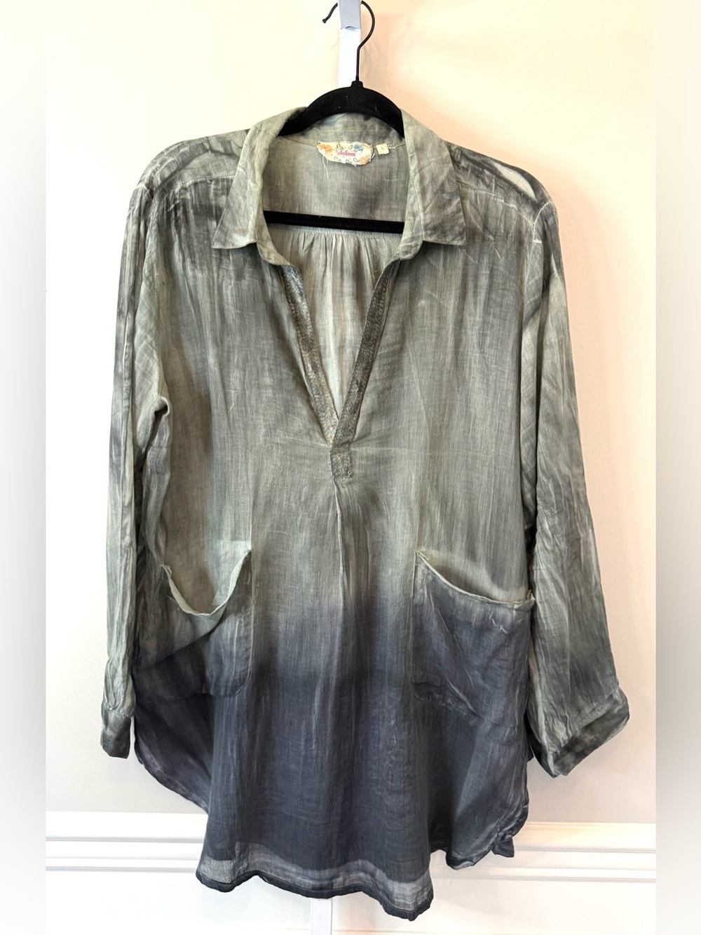 Dolma Gray Ombre Tie Dye Tunic Blouse 100% Cotton Boho Pullover Top